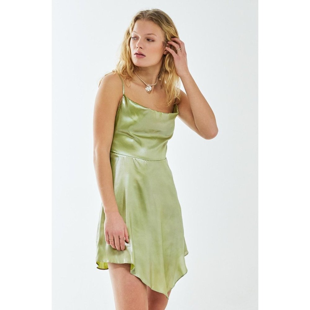 Urban Outfitters Mallory Mini Dress Satin Lime Green Asymmetric Slip Dress Small